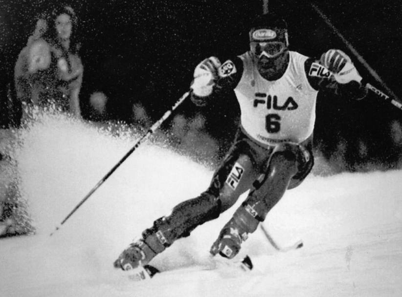 Coppa del Mondo 1994/95, Alberto Tomba durante lo slalom speciale di Sestriere da lui vinto (Ap)